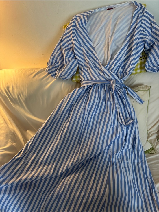 STAUD Dresses & Skirts - FLASH SALE! Gently worn STAUD Blue and White Striped Cotton Wrap Midi Dress